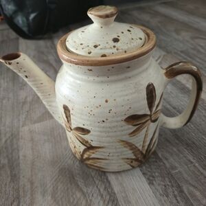 Vintage Stoneware Teapot Speckled Floral Artisan Bohemian Cottagecore Kitchen